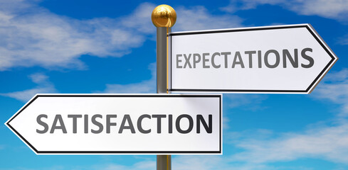 Satisfaction and expectations as different choices in life - pictured as words Satisfaction, expectations on road signs pointing at opposite ways, 3d illustration