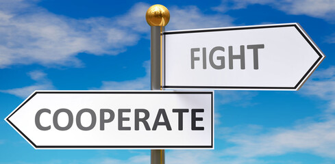 Cooperate and fight as different choices in life - pictured as words Cooperate, fight on road signs pointing at opposite ways to show that these are alternative options., 3d illustration