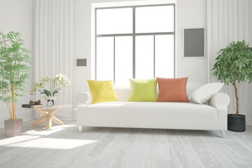 modern room with sofa and pillows and furniture interior design. 3D illustration