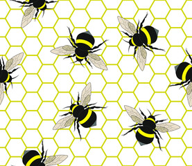 Bee and honeycomb seamless pattern. Vector illustration.