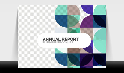 Horizontal A4 business flyer annual report template, circles and triangle style shapes modern geometric design for brochure layout, magazine or booklet