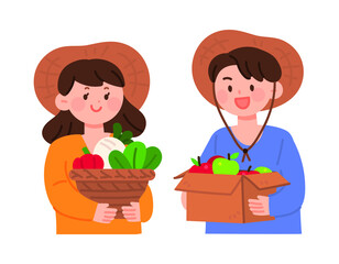 농부 부부가 농산물을 들고 미소짓고 있다.