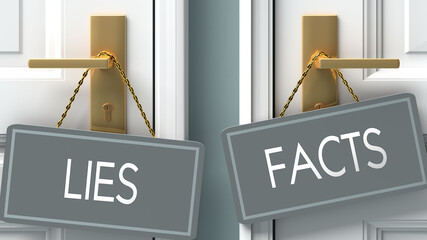 facts or lies as a choice in life - pictured as words lies, facts on doors to show that lies and facts are different options to choose from, 3d illustration
