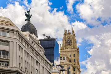 View of Edificio Telefonica and other buildings on Gran Via shopping street in the center of the city Madrid, Spain
