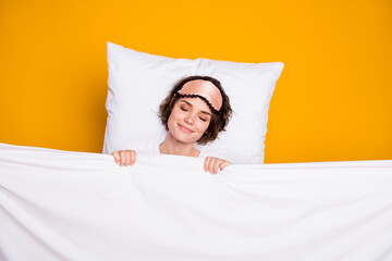 Top view above high angle flat lay flatlay lie concept portrait of nice dreamy girl covered with...