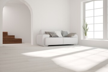 modern empty white room with sofa,pillows and plant interior design. 3D illustration