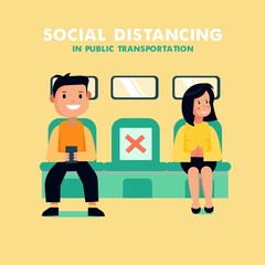 Flat style vector illustration. Social distancing in public transport. 