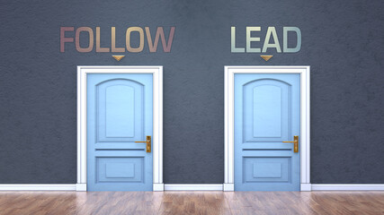 Follow and lead as a choice - pictured as words Follow, lead on doors to show that Follow and lead are opposite options while making decision, 3d illustration