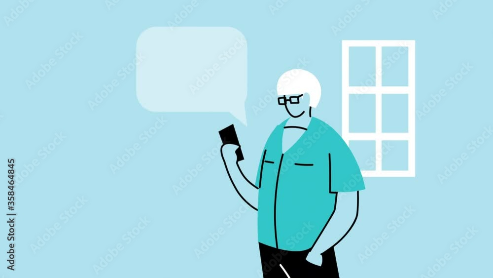 Poster man using smartphone commerce electronic animation