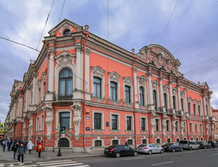 Beautiful facades decorated with statues on Nevsky Prospect in Saint Petersburg Russia