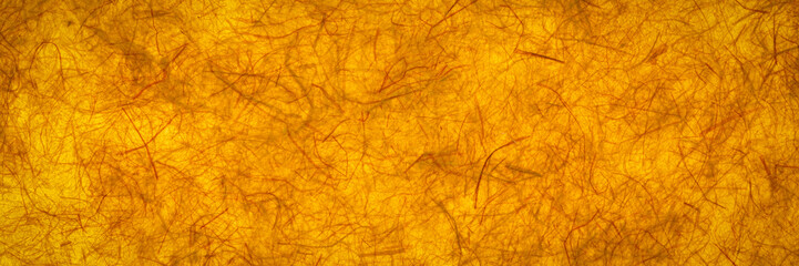 background and texture of backlit dark yellow gampi paper, handmade in Philippines, panoramic banner