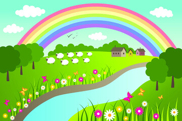 Obraz na płótnie Canvas Spring and summer rural landscape with rainbow and river. Vector illustration.