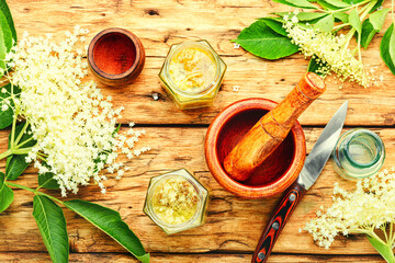 Elderberry flowers in herbal medicine.