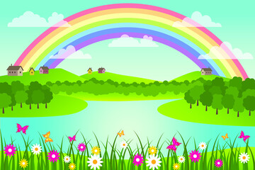 Spring and summer rural landscape with rainbow and lake. Vector illustration.