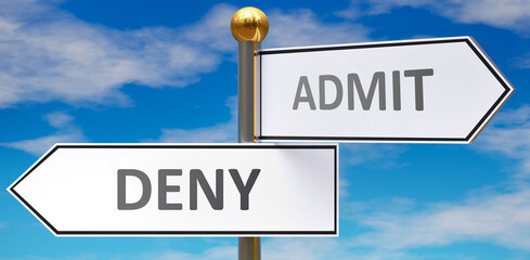 Deny and admit as different choices in life - pictured as words Deny, admit on road signs pointing at opposite ways to show that these are alternative options., 3d illustration