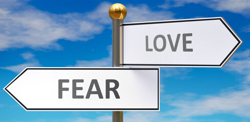 Fear and love as different choices in life - pictured as words Fear, love on road signs pointing at opposite ways to show that these are alternative options., 3d illustration