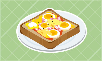 お皿に乗ったゆでたまごとベーコンのピザトースト.