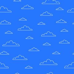 Vector illustration. White outline contour clouds on blue background seamless pattern.