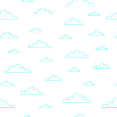 Vector illustration. Blue outline contour clouds on white background seamless pattern.