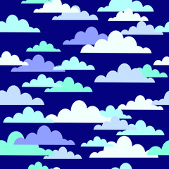 Vector illustration. White and blue clouds on blue background seamless pattern.
