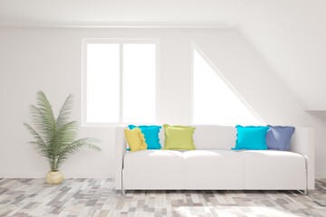 modern room with sofa,pillows,plant in pot and white background in windows interior design. 3D illustration