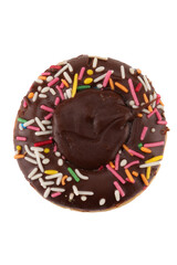 Donuts Set Isolated on White. Different type of donuts: with chocolate, pink with stripes, with glaze and colored splashes and sprinkled black cookie