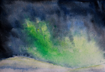water color landscape with Northern lights in the sky