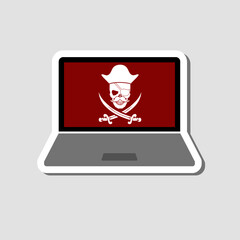 Laptop with pirate skull  sticker icon isolated on gray background