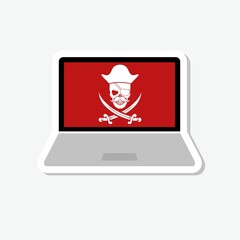 Laptop with pirate skull  sticker icon isolated on gray background