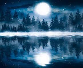 Темный холодный пейзаж с рекой. Зимний фон, отражение на воде лунного света. Драматическая сцена, дым, смог, туман, снег.