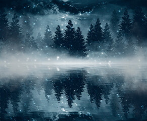Темный холодный пейзаж с рекой. Зимний фон, отражение на воде лунного света. Драматическая сцена, дым, смог, туман, снег.