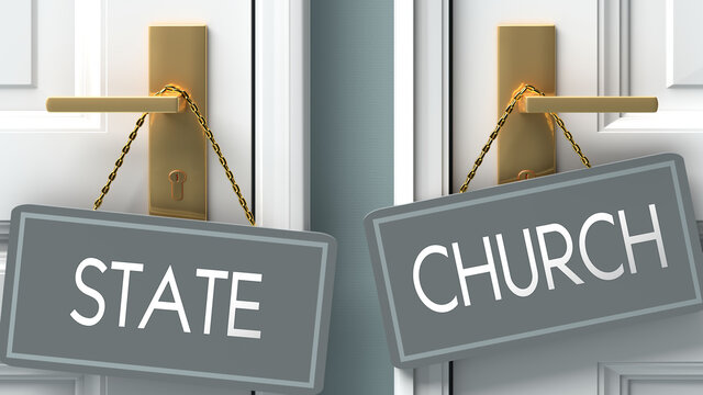 church or state as a choice in life - pictured as words state, church on doors to show that state and church are different options to choose from, 3d illustration