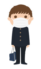 学ランを着てる男子中学生。感染予防の為に登下校中もマスクをしてるイラスト。