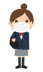 ブレザーを着た女子高校生。感染予防の為に登下校中もマスクをしてるイラスト。
