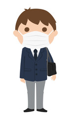 ブレザーを着た男子高校生。感染予防の為に登下校中もマスクをしてるイラスト。