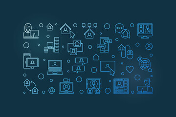 Vector Freelance line concept blue horizontal banner or illustration on dark background