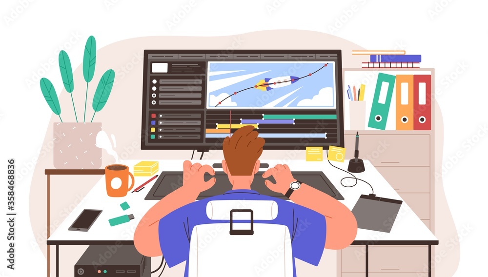 Aufkleber Guy animator at creation project process vector illustration. Male motion designer working on computer. Freelancer graphic creator at workplace. Back view man learn at online animation editor course