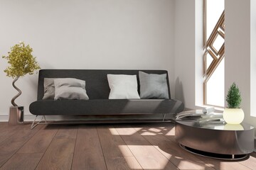 modern room with black sofa with pillows.plant in metal pot and table with magazines and flowers interior design. 3D illustration