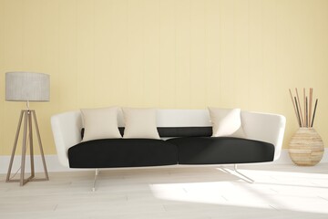 modern room with sofa,basket and lamp interior design. 3D illustration