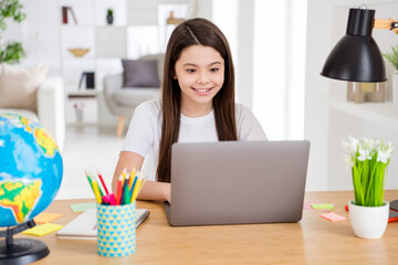 Photo of little pretty pupil small school lady turn on skype laptop notebook online lesson video...