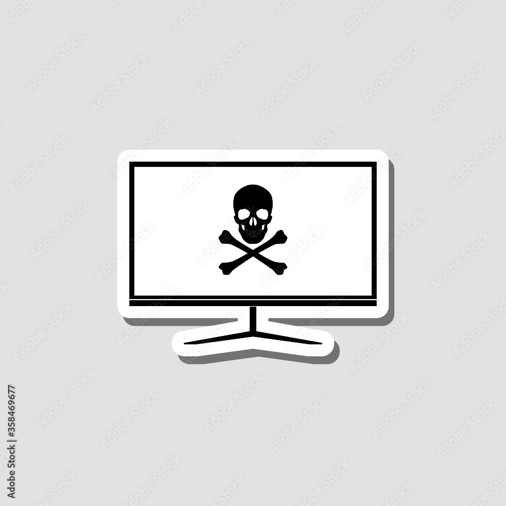 Poster Computer monitor with a skull and bones sticker icon in simple style isolated on gray background
