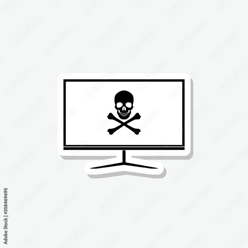 Poster computer monitor with a skull and bones sticker icon in simple style isolated on gray background