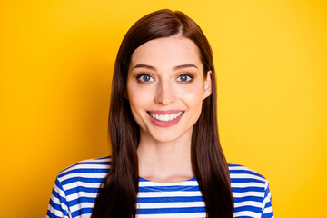 Fototapeta premium Portrait of nice attractive adorable girl look in camera toothy smile wear striped clothes isolated over bright color background