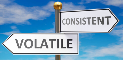 Volatile and consistent as different choices in life - pictured as words Volatile, consistent on road signs pointing at opposite ways to show that these are alternative options., 3d illustration