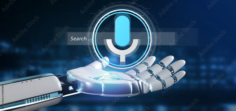 Poster cyborg hand holding a ocal search system with button and icon 3d rendering