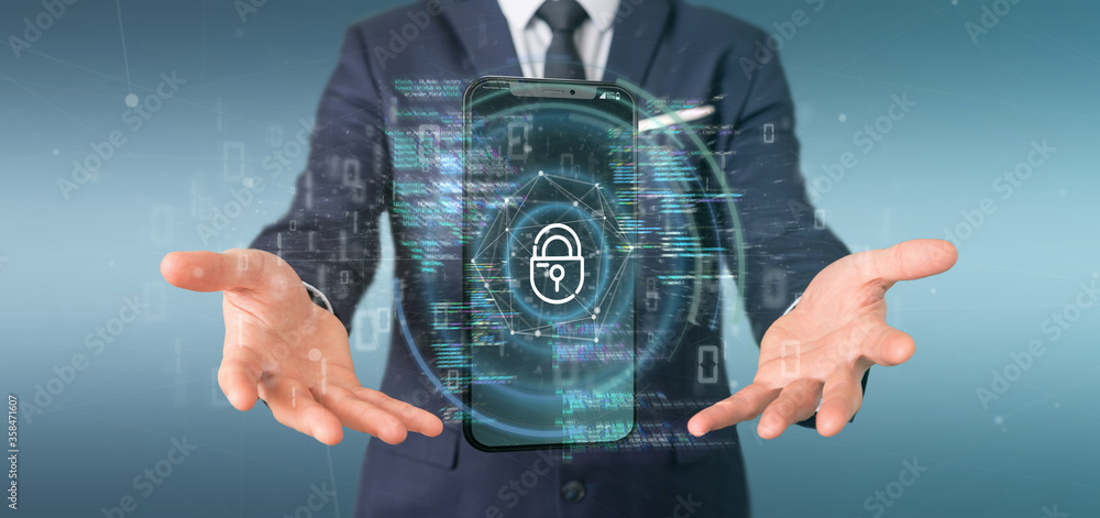 Poster businessman holding security data and smartphone security - 3d rendering