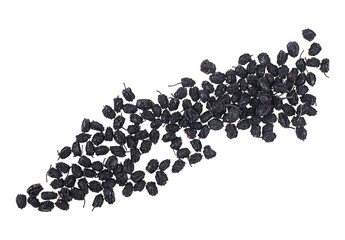 Dried elderberry fruits isolated on a white background, top view.