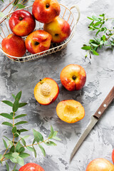 Beautiful juicy nectarines. Ripe farm harvest. Fragrant fruits. Fresh Juicy Organic Nectarines