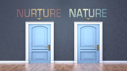 Obraz na płótnie Canvas Nurture and nature as a choice - pictured as words Nurture, nature on doors to show that Nurture and nature are opposite options while making decision, 3d illustration