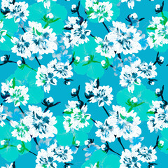 Fototapeta na wymiar floral watercolor pattern on a blue seamless background